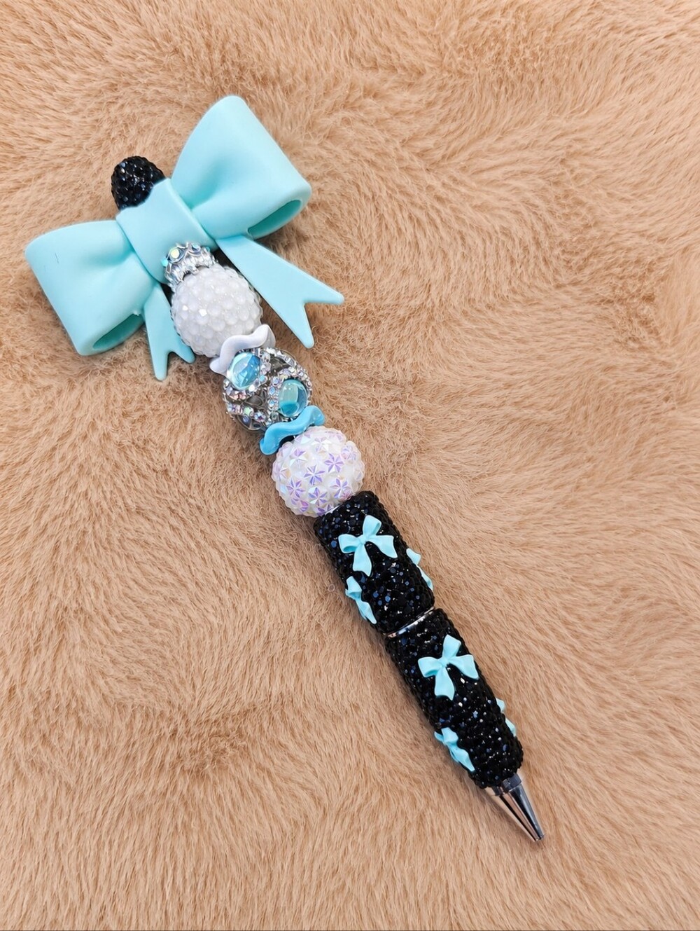 Black & Aqua Bow Rhinestone Beaded Pen | Coquette Sparkle